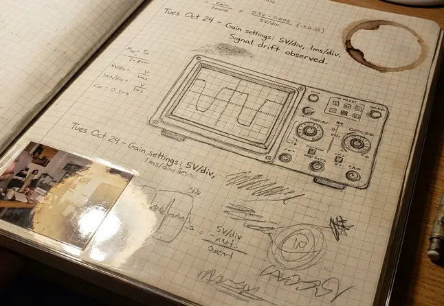 Lab notebook page with hand-drawn laboratory equipment close-up, oscilloscop, pencil sketches, messy scribbles, graph paper