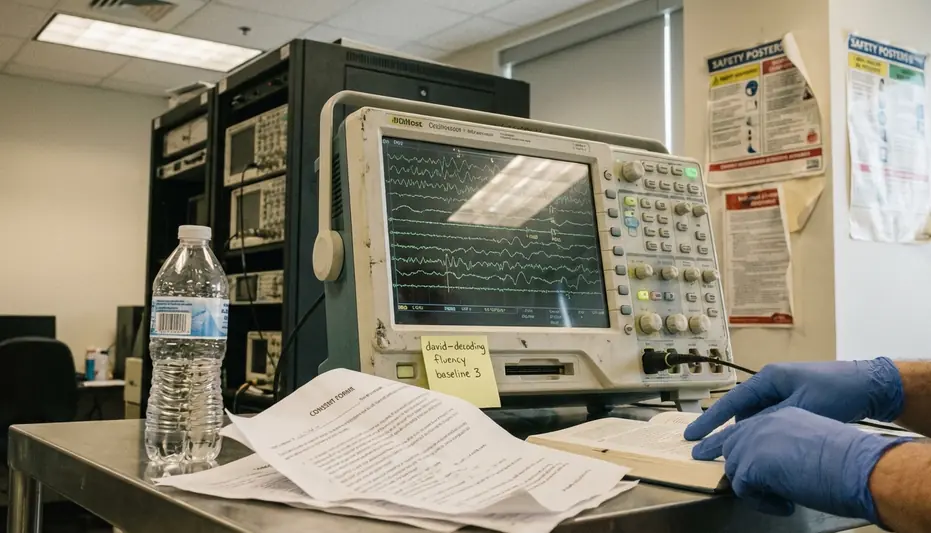 Laboratory equipment close-up, oscilloscope display showing EEG biofeedback waveforms during a pediatric reading intervention session