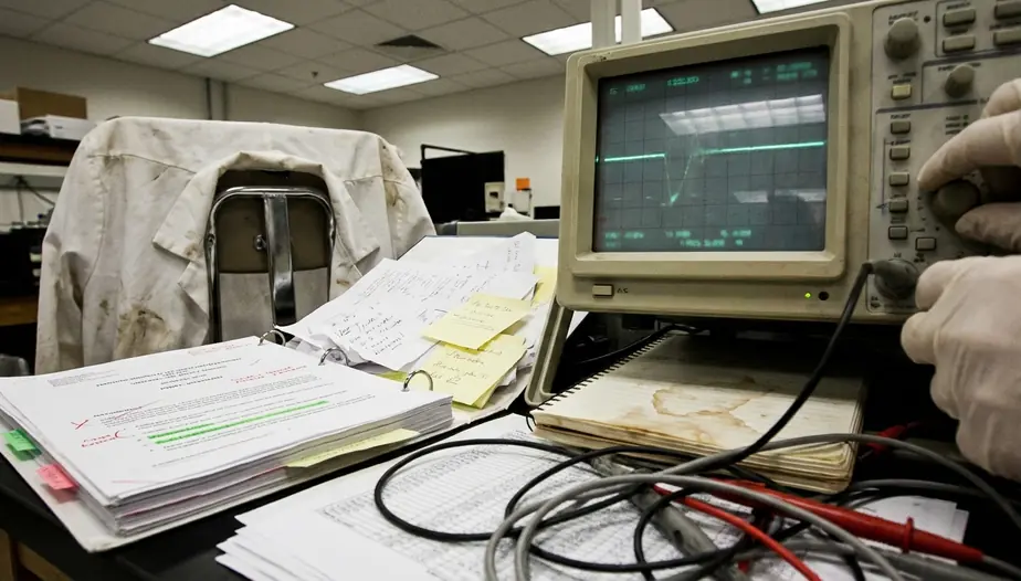 Laboratory equipment close-up, oscilloscope display showing waveform readouts beside a cluttered workbench with sticky notes