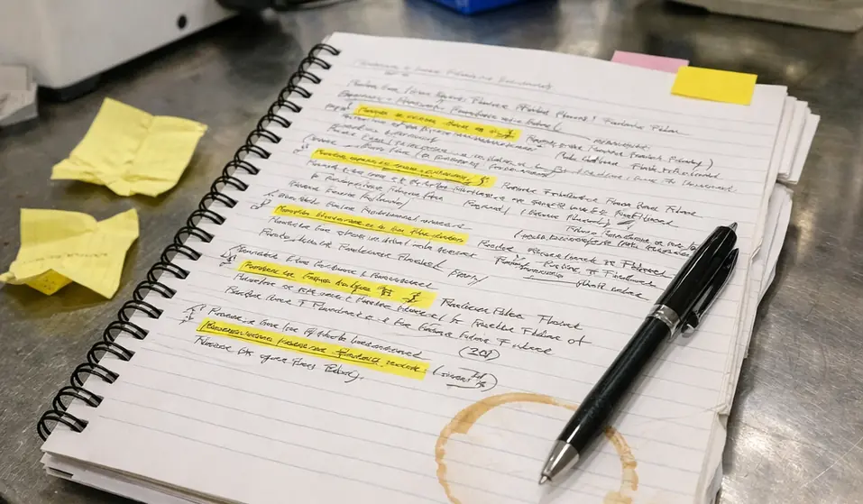 Research notebook with handwritten data, equipment background visible — open spiral notebook on cluttered lab